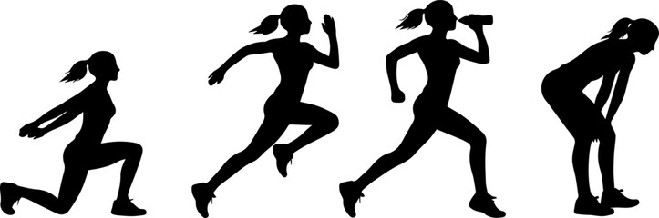 silhouette woman running, female jogging postures black shapes on white background © komkrit234