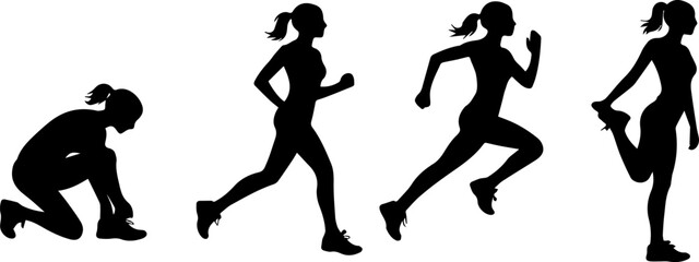 silhouettes woman runners postures on sprint women black shapes woman running on white background © komkrit234