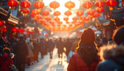Ultra-realistic outdoor lifestyle photography capturing a vibrant Chinese New Year street festival filled with red lanterns and a diverse crowd celebrating together, illuminated by warm sunset light w