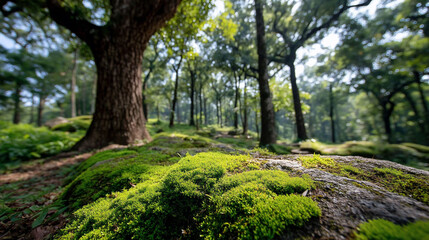 Fototapeta premium Lush Forest Scene - Sunlight Filtering Through Trees and Mossy Ground.