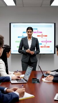 Team member presents a project plan in a meeting room with a digital display and laptops in use