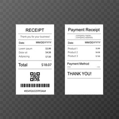 Minimal Payment Receipt Template Isolated on Transparent Background.Vector illustration