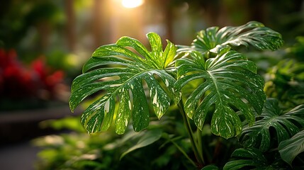Lush Green Monstera Plant Leaves Illuminated by Sunlight.