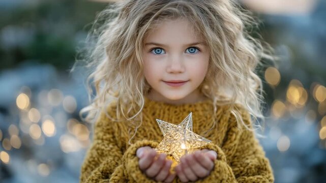 134Blonde-haired girl in a yellow sweater holding a luminous star-shaped object, soft natural light illuminating her hands and face, shallow depth of field, warm pastel background wit