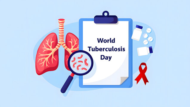 World tuberculosis day awareness illustration showing lungs, bacteria, and treatment symbols - Powered by Adobe