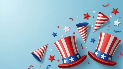 Obraz premium Vibrant patriotic party hats and confetti on light blue background celebrating independence