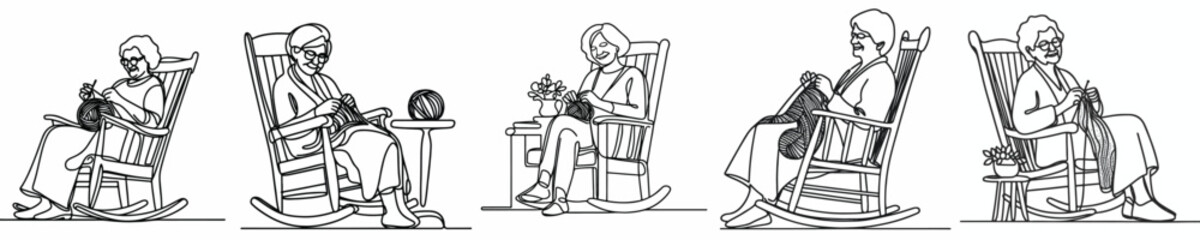line art of a grandmother sitting knitting