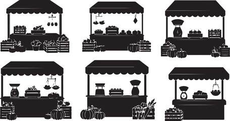Obraz premium Six black market stalls with various goods on display