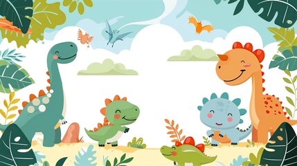 Obraz premium Adorable illustration of smiling dinosaurs in a colorful prehistoric jungle with plants, trees, and flying pterosaurs, perfect for kids’ designs or posters.