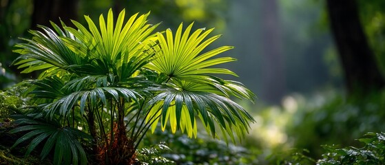 Lush Green Palm Fronds in a Sunlit Forest.