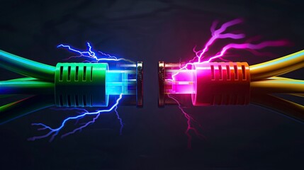 Two glowing ethernet cables, one green and one orange, connected by electric sparks symbolizing data transfer, high-speed internet, and digital power.