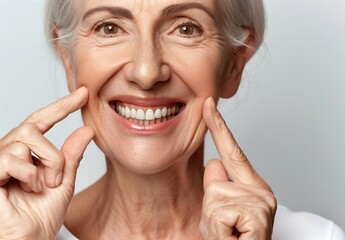 Close-up portrait of an elderly woman smiling and pointing at her teeth, symbolizing happiness, dental health, and positive aging.