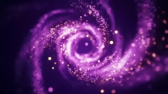 Dynamic cosmic energy vortex swirling with vibrant purple luminous particles, creating an abstract background. Mesmerizing celestial light flow in an ethereal, galactic space