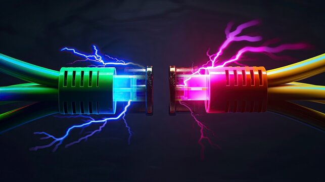 Two glowing ethernet cables, one green and one orange, connected by electric sparks symbolizing data transfer, high-speed internet, and digital power.