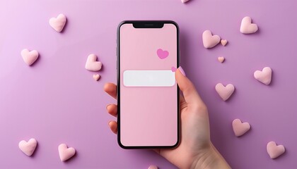 Woman&rsquo;s hand holding smartphone with empty screen on soft lilac background surrounded by pink hearts, perfect for Valentine or love-themed designs.
