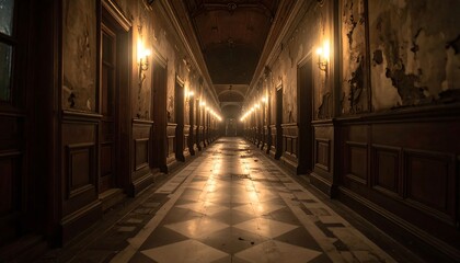 Narrow, antique hallway with peeling paint lit by wall sconces, leading into darkness