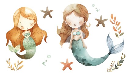 Playful illustration of two smiling mermaids surrounded by colorful underwater elements such as seaweed, starfish, bubbles, and coral on a white background.