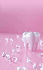A white tooth surrounded by sparkling diamonds on a pink background, representing luxury, dental aesthetics, and premium oral health.