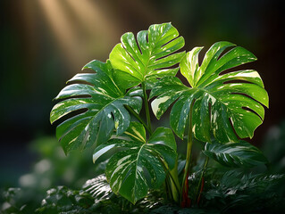 Lush Monstera Deliciosa Plant with Variegated Leaves in Sunlight.