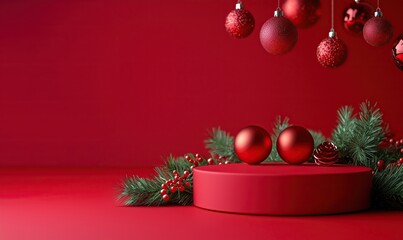 Red podium background adorned with Christmas decorations, gifts, and trees, creating a minimalist scene perfect for New Year product presentations.