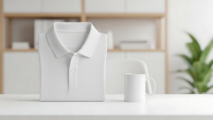 Clean White Polo Shirt Mockup with Coffee Cup on Desk.