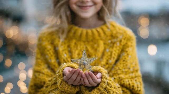 146Blonde-haired girl in a cozy yellow sweater holding a sparkling star, sunlight reflecting off the star onto her hands, soft-focus background with warm bokeh lights, innocent and wh
