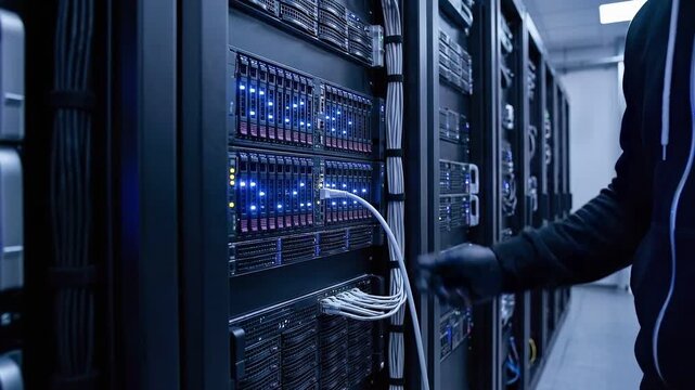 Cybersecurity Threat Landscape concept. Dark server room with a person managing network equipment.