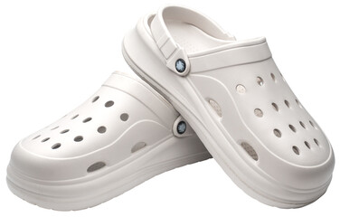 couple of white Crocs Sandals on a white.