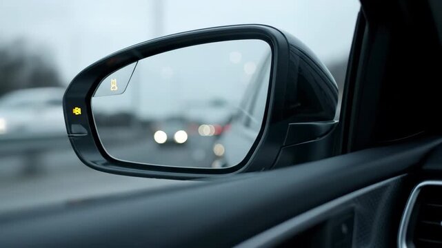 Car side mirror reflecting traffic lights on a cloudy day with a blind spot indicator.