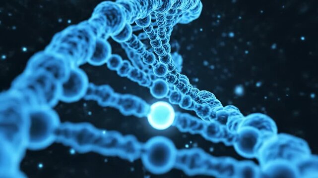 Blue glowing DNA helix strand close up with luminous nucleotide spheres and molecular structure floating dark space, genetics and biochemistry laboratory science revealing genetic molecule discovery