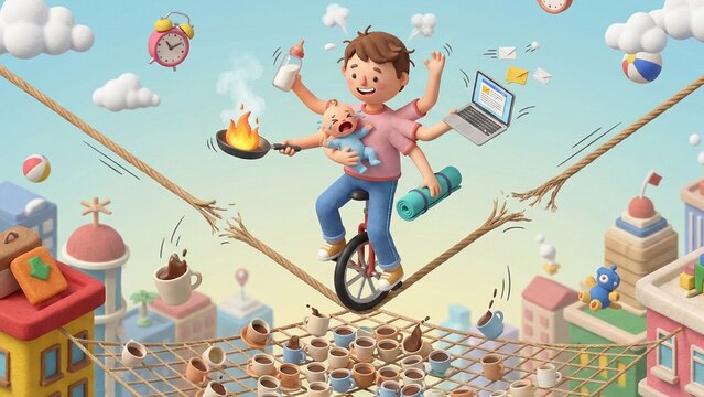 Surreal 3D illustration of a parent juggling work, family, and life on a unicycle.