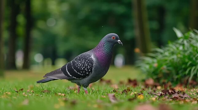 Pigeon standing on grass in a park with blurred trees and foliage background