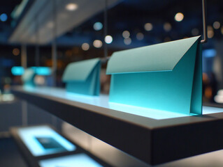 Modern display of illuminated teal envelopes on a shelf.