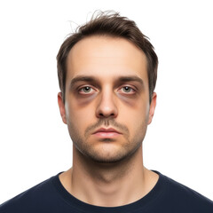 Fototapeta premium Tired Young Man with Dark Circles Under Eyes on White Background
