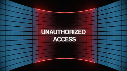 Unauthorised Access Warning: A graphic portrayal of a digital security breach, with the words UNAUTHORIZED ACCESS starkly displayed against a backdrop of a data grid, with a crimson warning line.