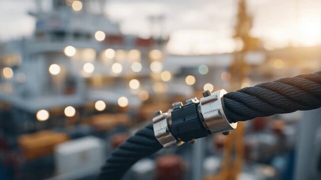 244Close-up of braided metal hose with clamps, industrial plant background softly blurred, textures of steel mesh and polished clamps highlighted, warm overhead lighting emphasizing r