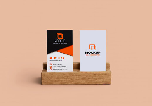 Modern Wooden Business Card Display Stand Mockup