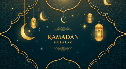 Elegant Ramadan Mubarak Night with Golden Lanterns and Crescent Moons