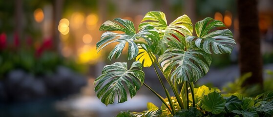 Monstera Plant with Large Leaves in a Garden Setting.