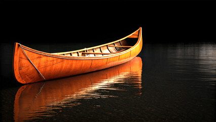 Orange wooden canoe floating alone in dark minimalist scene