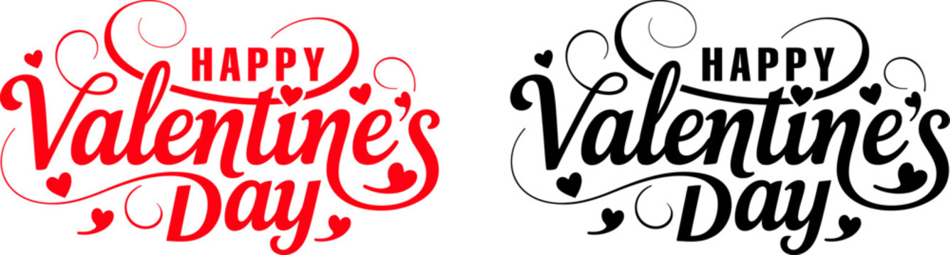 Elegant Happy Valentine's Day typography featuring red and black script with heart accents. Perfect for romantic greeting cards, holiday banners, wedding invitations, and decorative love symbols