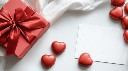 Valentine's Day Flat Lay with Red Gift Box and Hearts