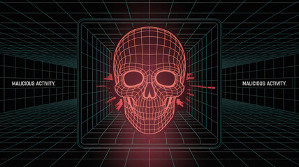 Cybernetic Skull: An eerie, glowing digital skull, pulsating with a red hue, dominates the scene within a high-tech grid, accompanied by a stark warning of malicious activity.