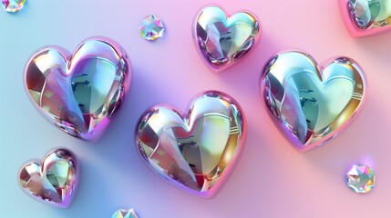 Valentine's Day Flat Lay with Shiny Chrome Heart Sculptures