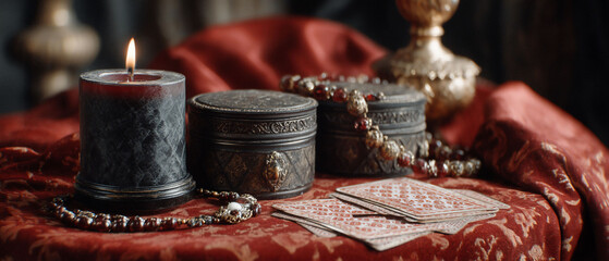 Mystical Still Life - Candle, Boxes, Beads, and Cards on Red Cloth.