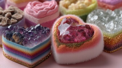 Creative Valentine's Day flat lay gifts with crystal hearts