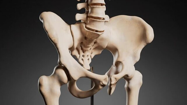 Realistic 3D Render of Human Pelvic Skeleton with Lumbar Spine on Gray Background