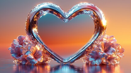 Metallic Chrome Heart Sculpture Valentine's Day Flat Lay Gift Concept