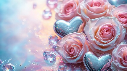 Romantic Valentine's Day Flat Lay Gifts with Pink Roses and Metallic Hearts