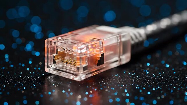 Close up of an ethernet cable connector glowing orange with a dark background and blue bokeh lights.